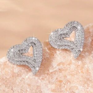 Diamond Curved Heart Silver Toned Stud Earrings